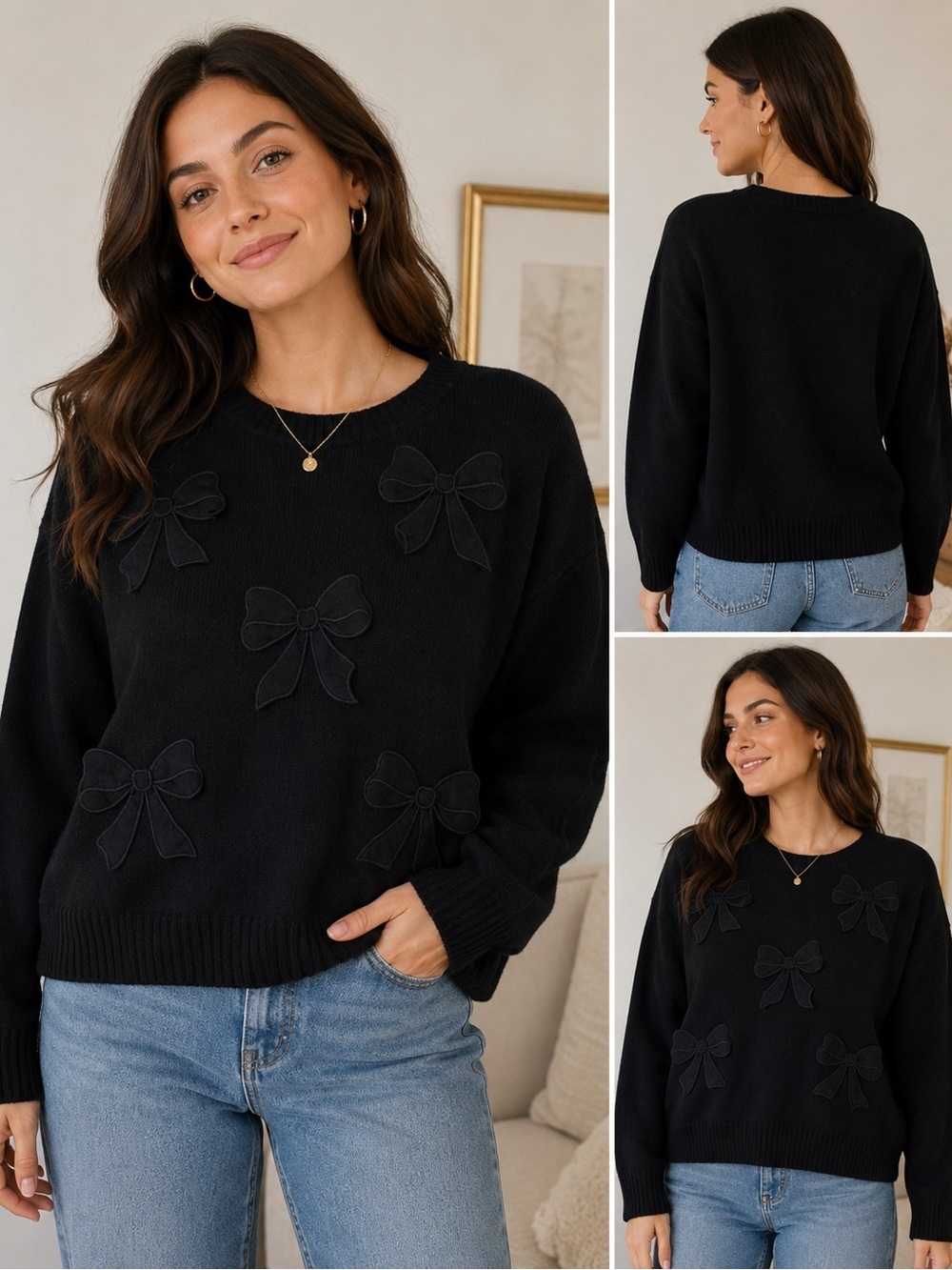 Black Bow Applique Crewneck Sweater - Women